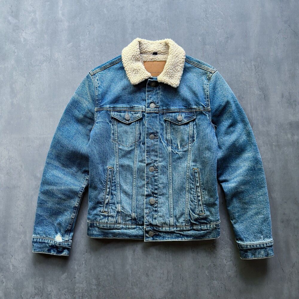 American Eagle Sherpa Lined Denim Jacket Womens Small Blue Trucker Flex